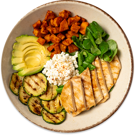 Bowl de garbanzos especiados, verduras y proteína