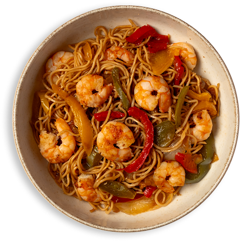 Bowl de pasta con gambas